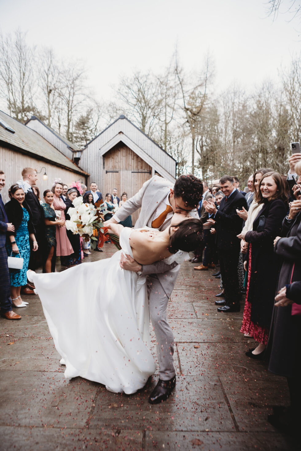 Wedding photo of a confetti shot at Halton Grove, North East wedding venue